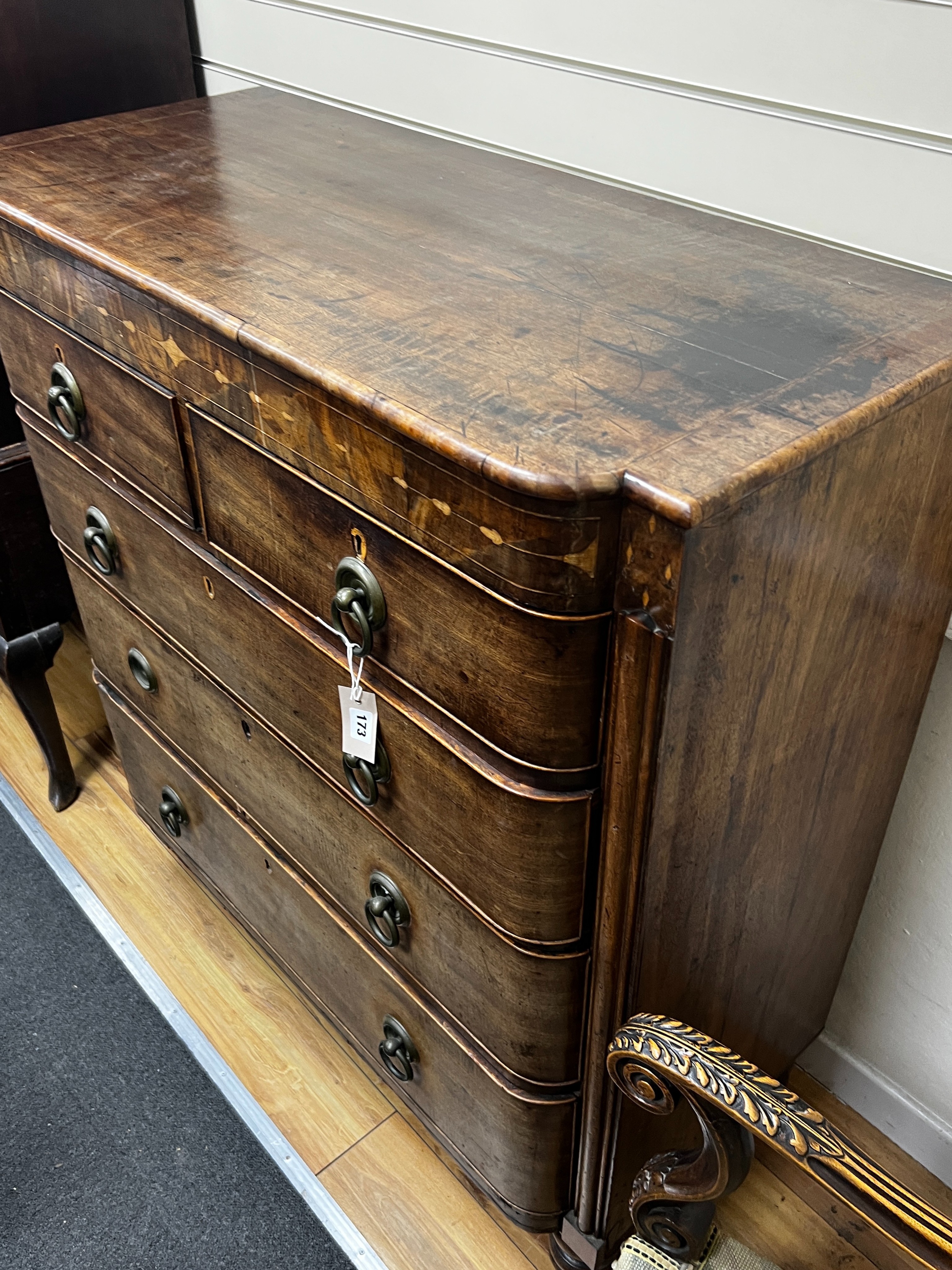 A Regency inlaid mahogany bow front chest, width 108cm, depth 48cm, height 115cm